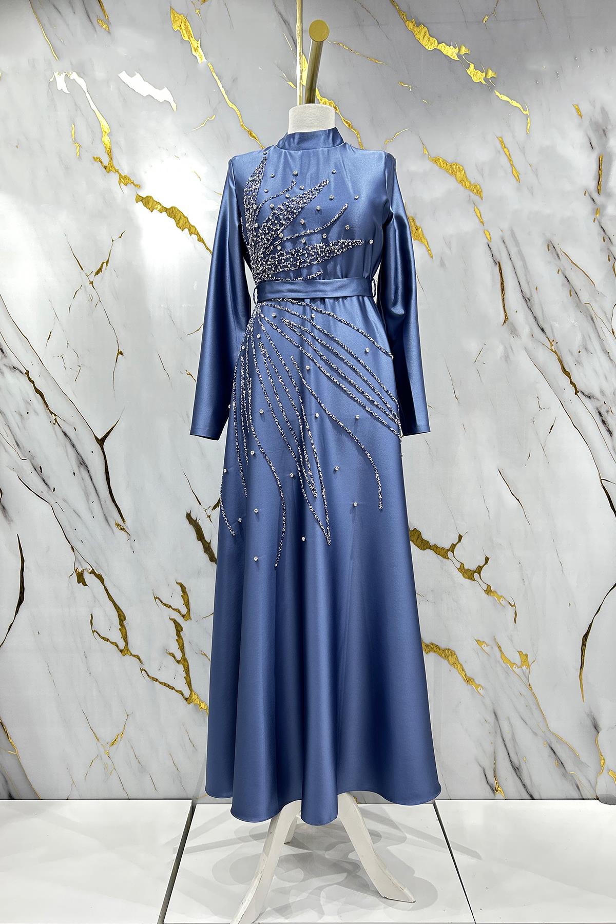 Tesettür Saren Saten Abiye IndigoLP6178