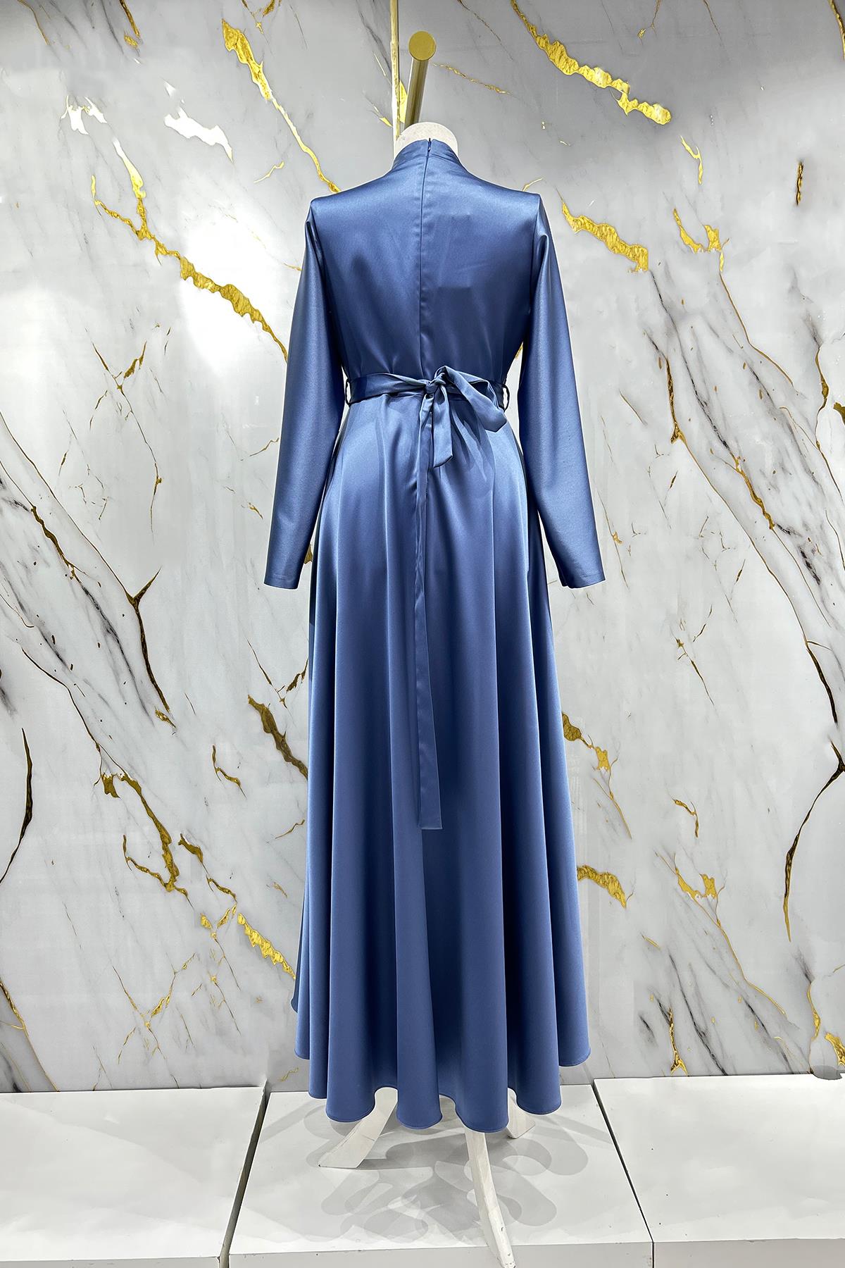 Tesettür Saren Saten Abiye IndigoLP6178