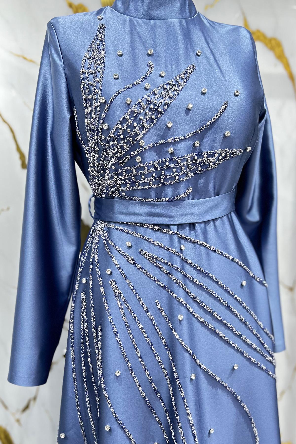 Tesettür Saren Saten Abiye IndigoLP6178