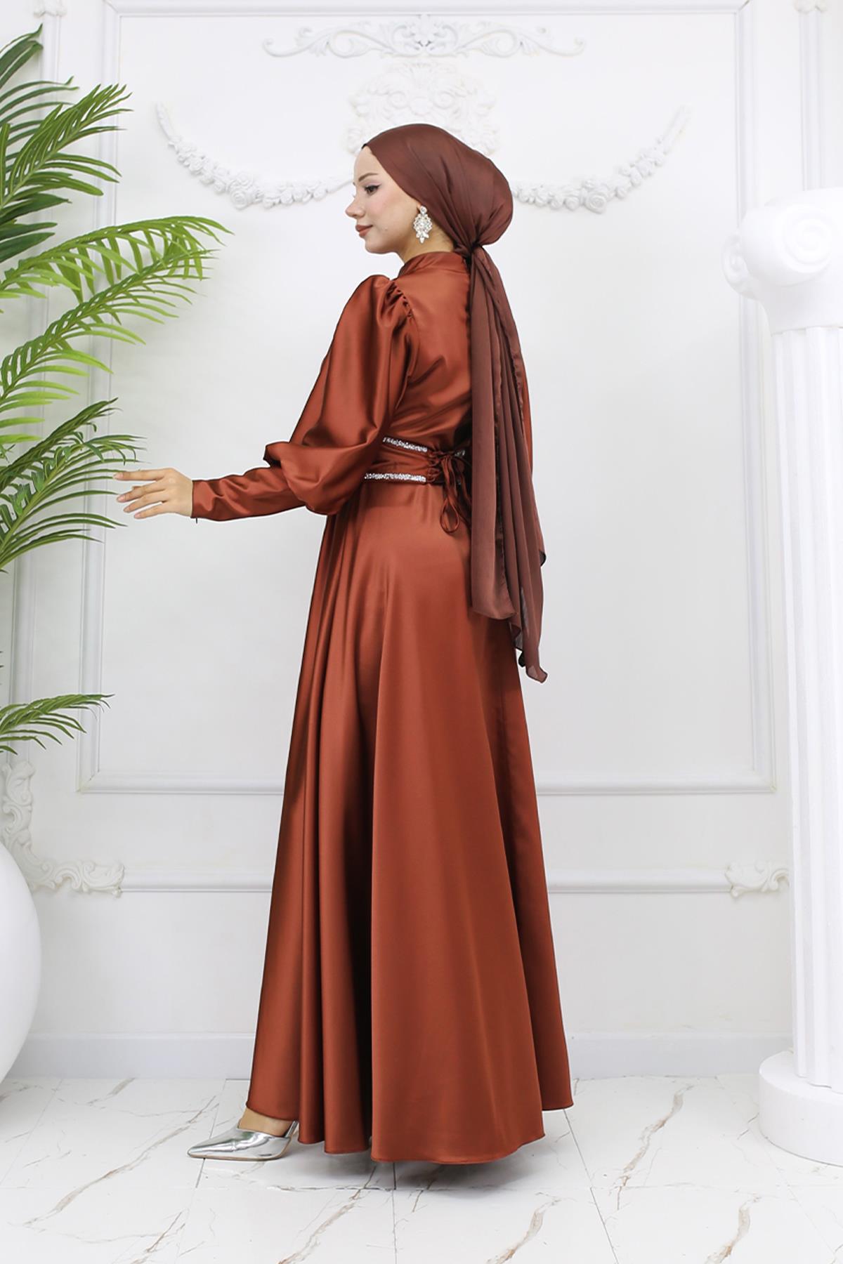 Tesettür Sehran Saten Abiye Bakır RengiLP6151
