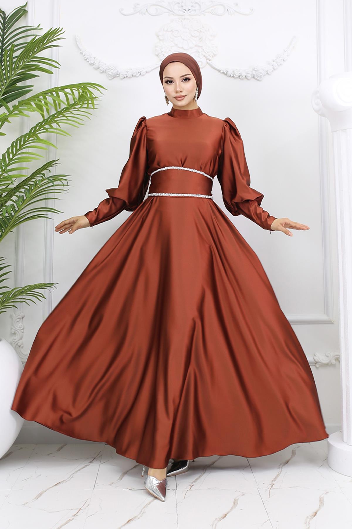 Tesettür Sehran Saten Abiye Bakır RengiLP6151