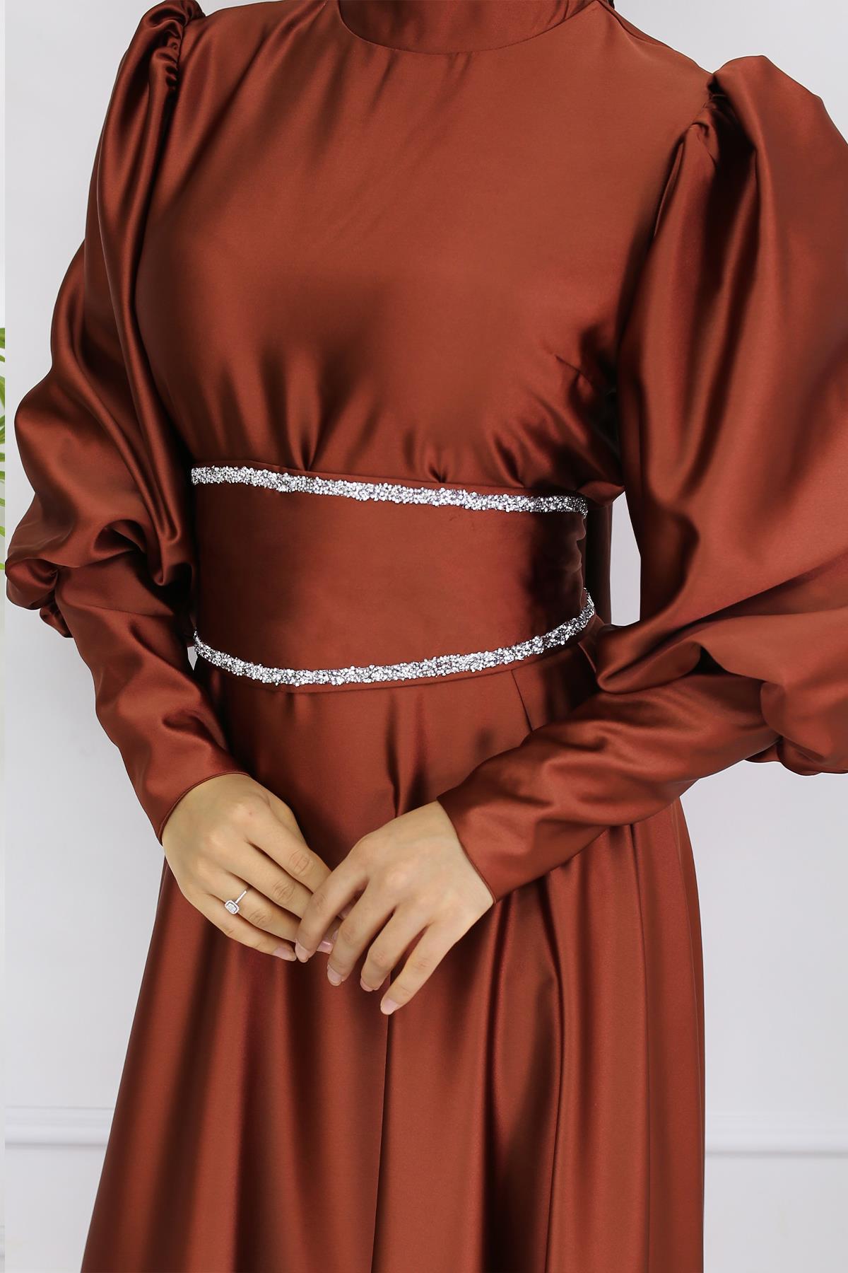 Tesettür Sehran Saten Abiye Bakır RengiLP6151