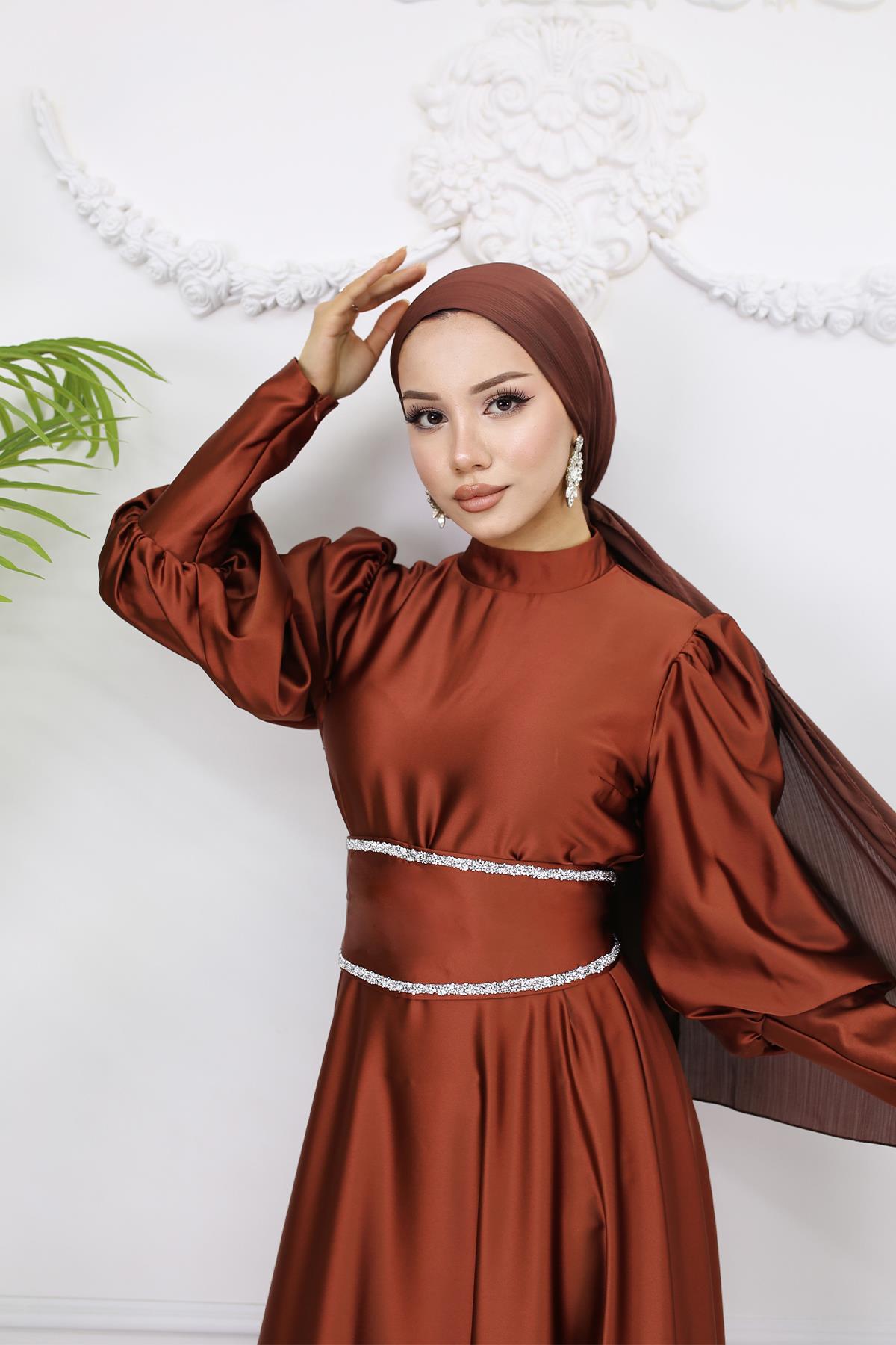 Tesettür Sehran Saten Abiye Bakır RengiLP6151