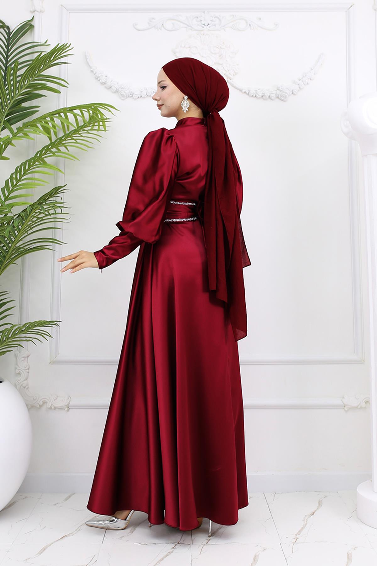Tesettür Sehran Saten Abiye BordoLP6151
