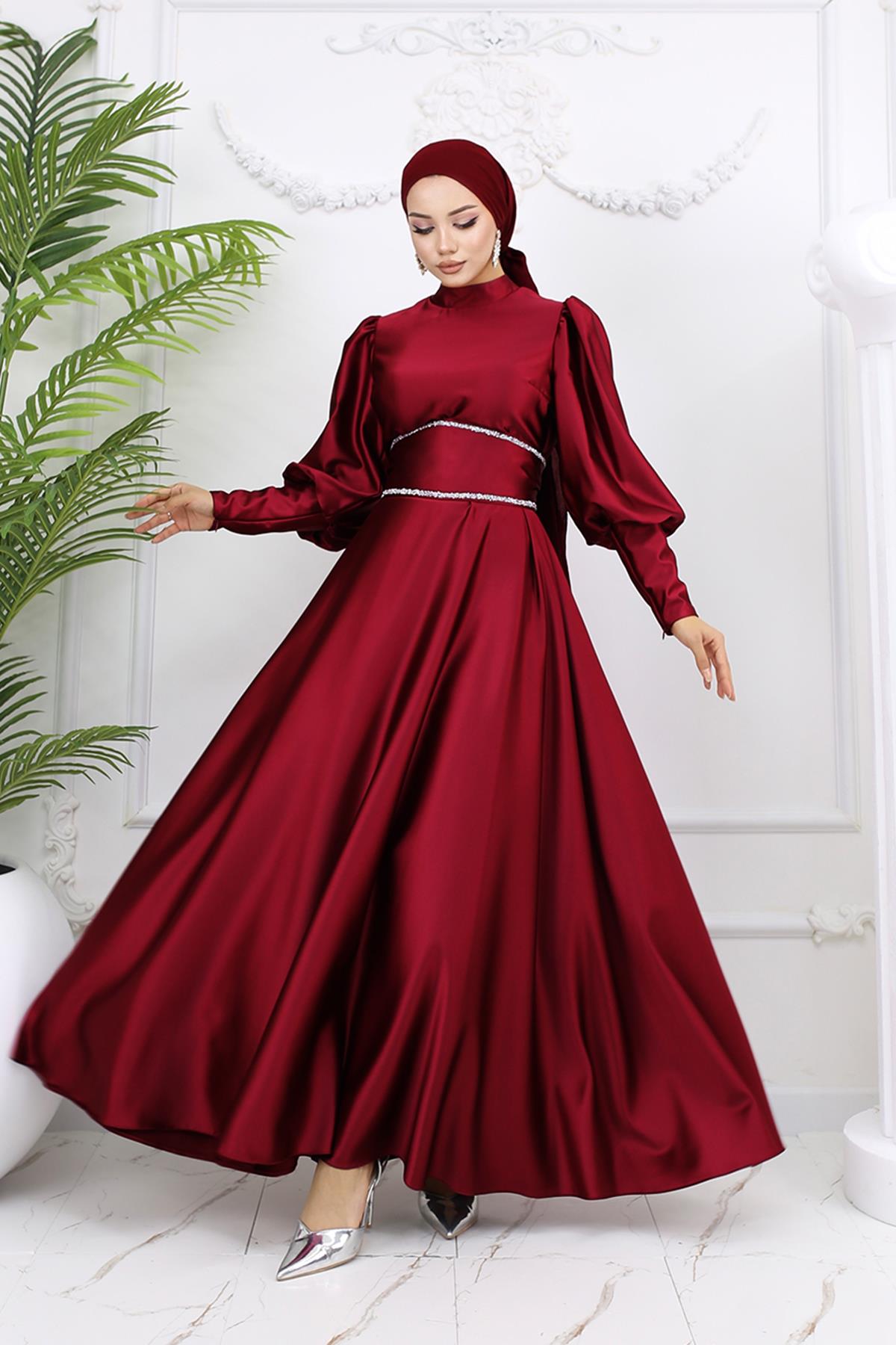 Tesettür Sehran Saten Abiye BordoLP6151