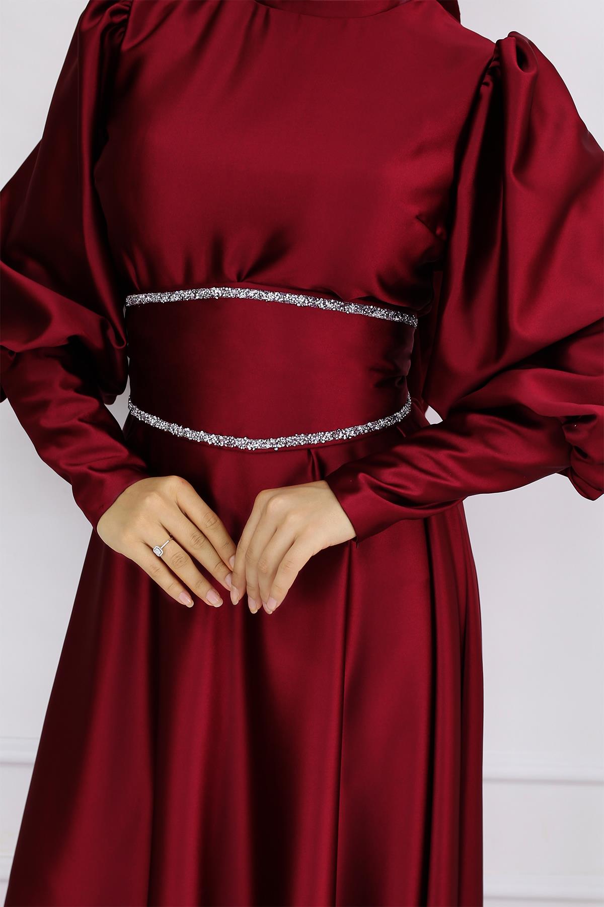 Tesettür Sehran Saten Abiye BordoLP6151