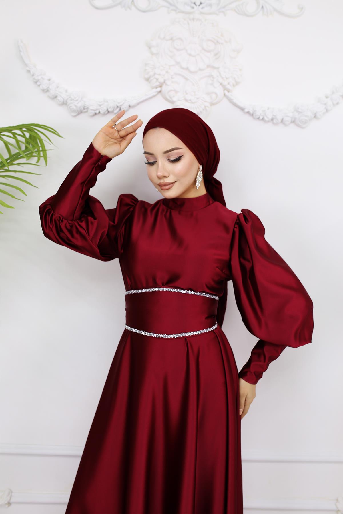 Tesettür Sehran Saten Abiye BordoLP6151