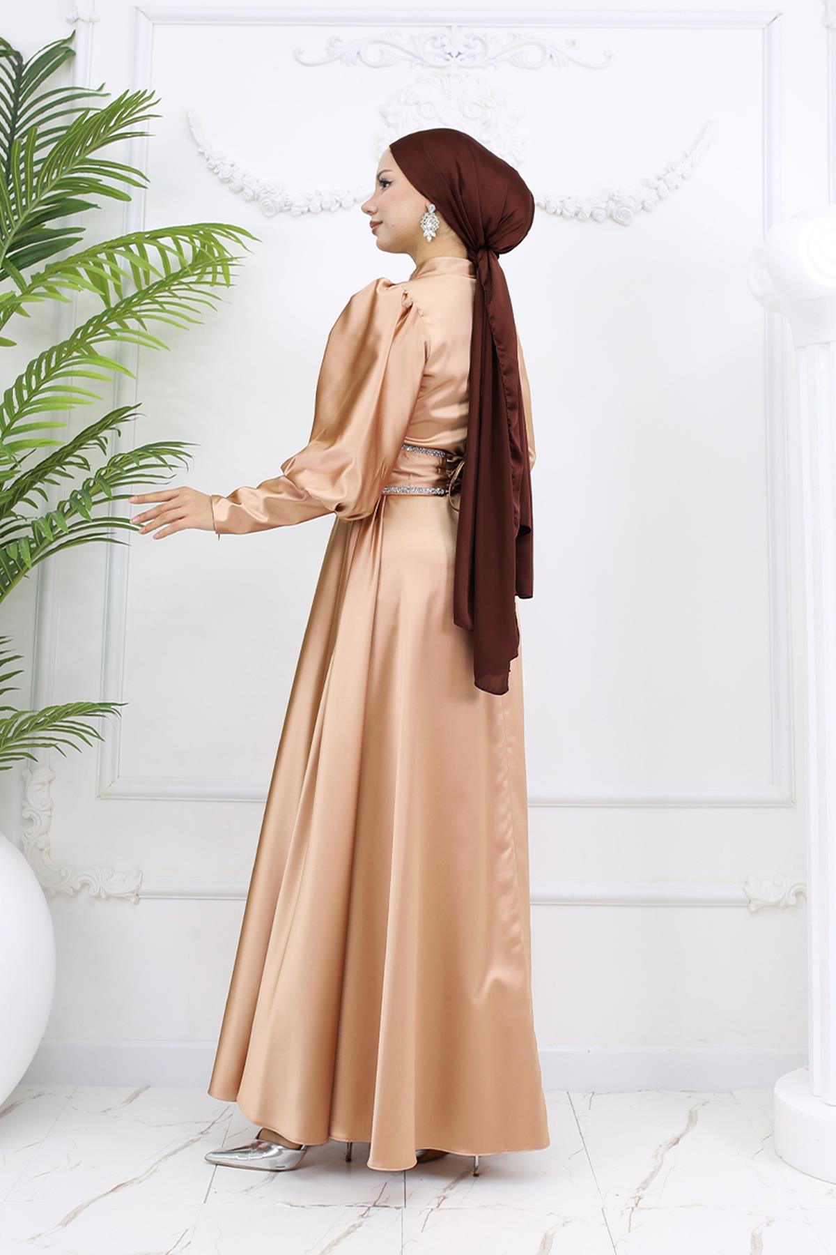 Tesettür Sehran Saten Abiye Gold RengiLP6151