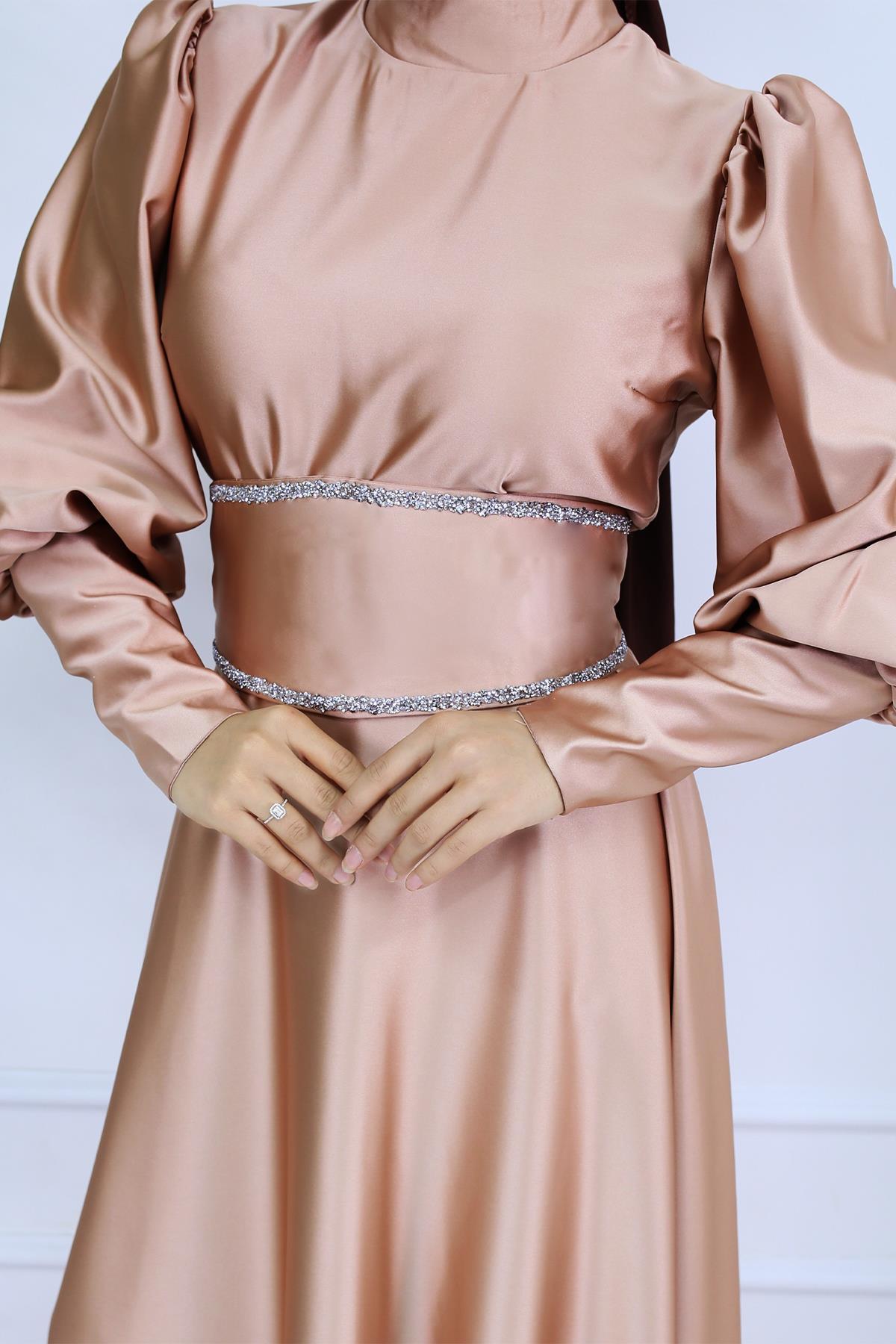 Tesettür Sehran Saten Abiye Gold RengiLP6151