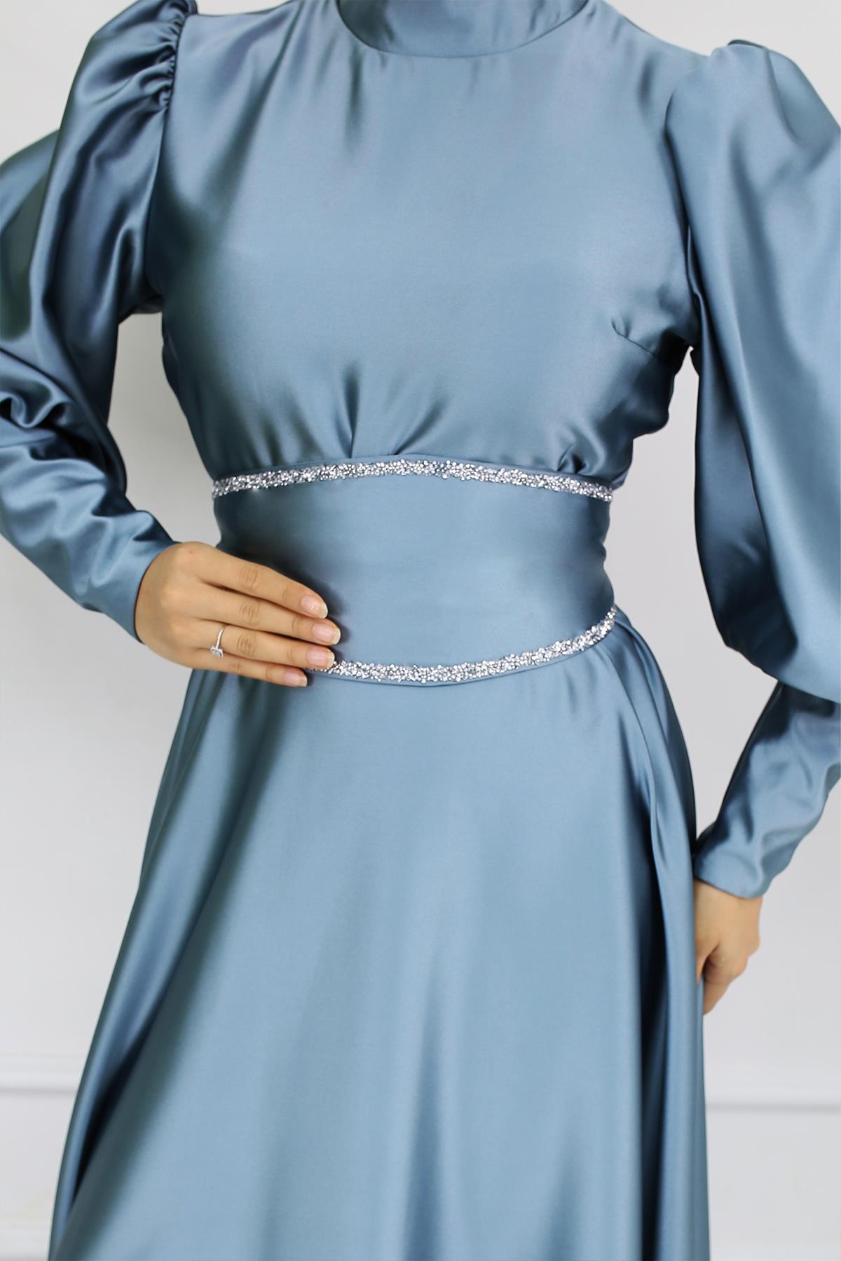 Tesettür Sehran Saten Abiye Mint YeşiliLP6151