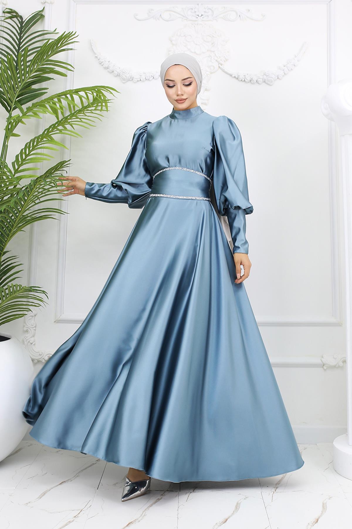 Tesettür Sehran Saten Abiye Mint YeşiliLP6151