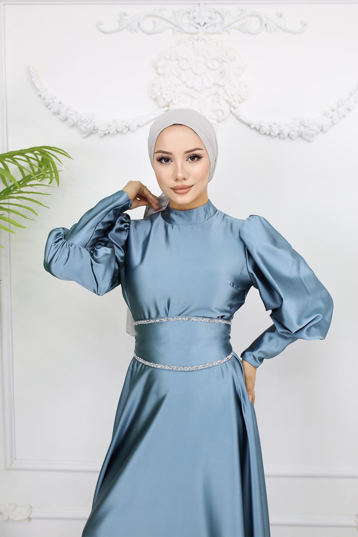 Tesettür Sehran Saten Abiye Mint YeşiliLP6151