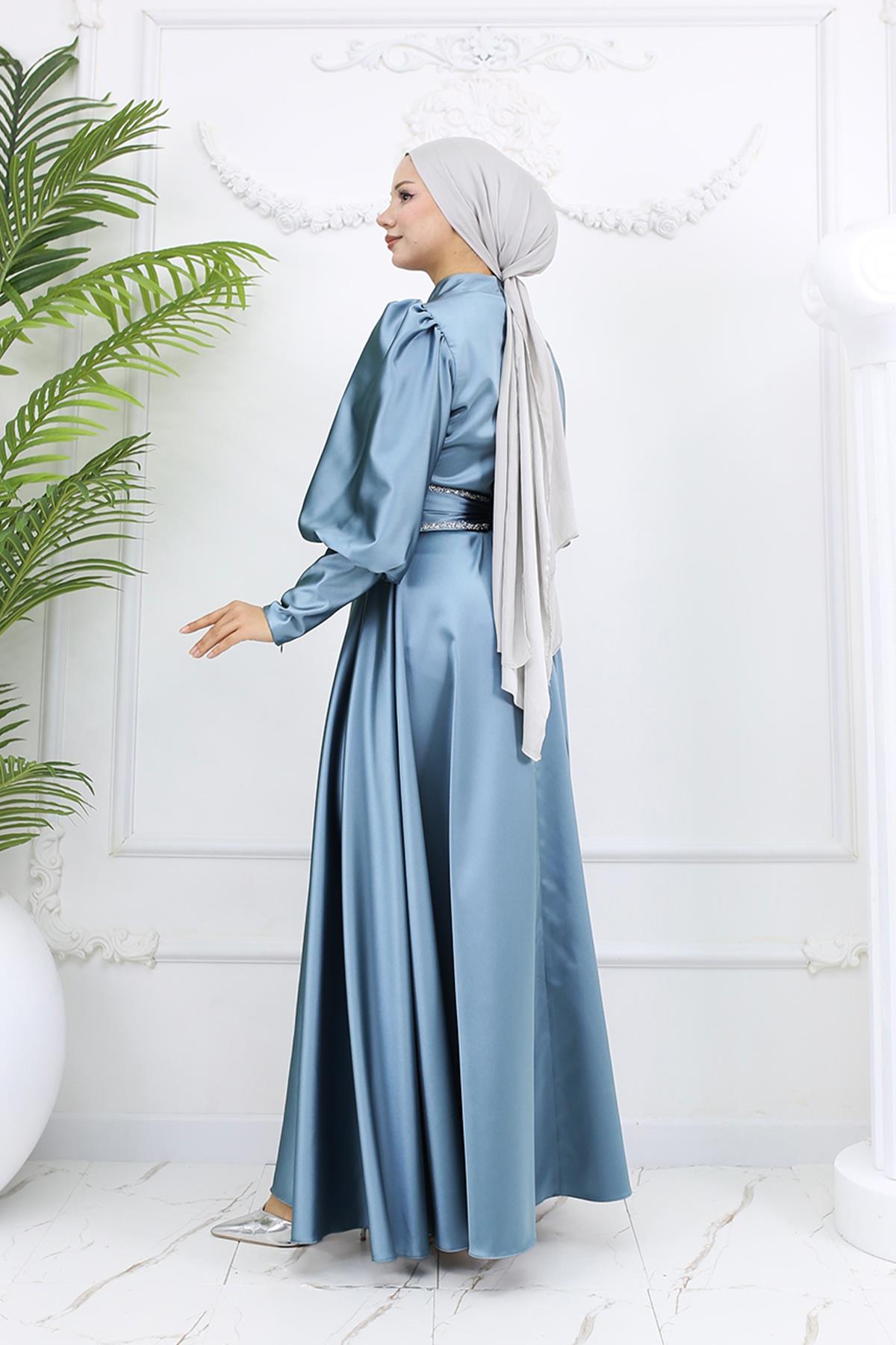 Tesettür Sehran Saten Abiye Mint YeşiliLP6151