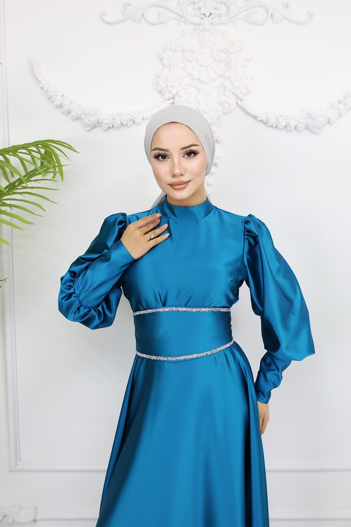 Tesettür Sehran Saten Abiye PetrolLP6151