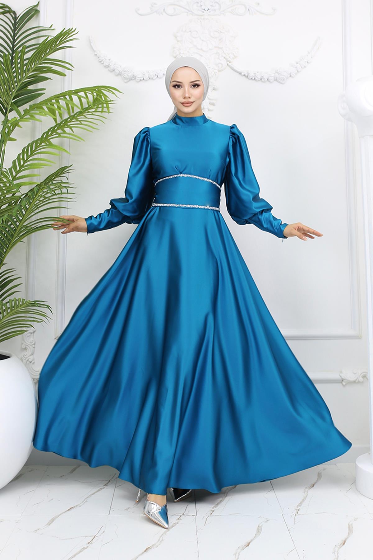 Tesettür Sehran Saten Abiye PetrolLP6151