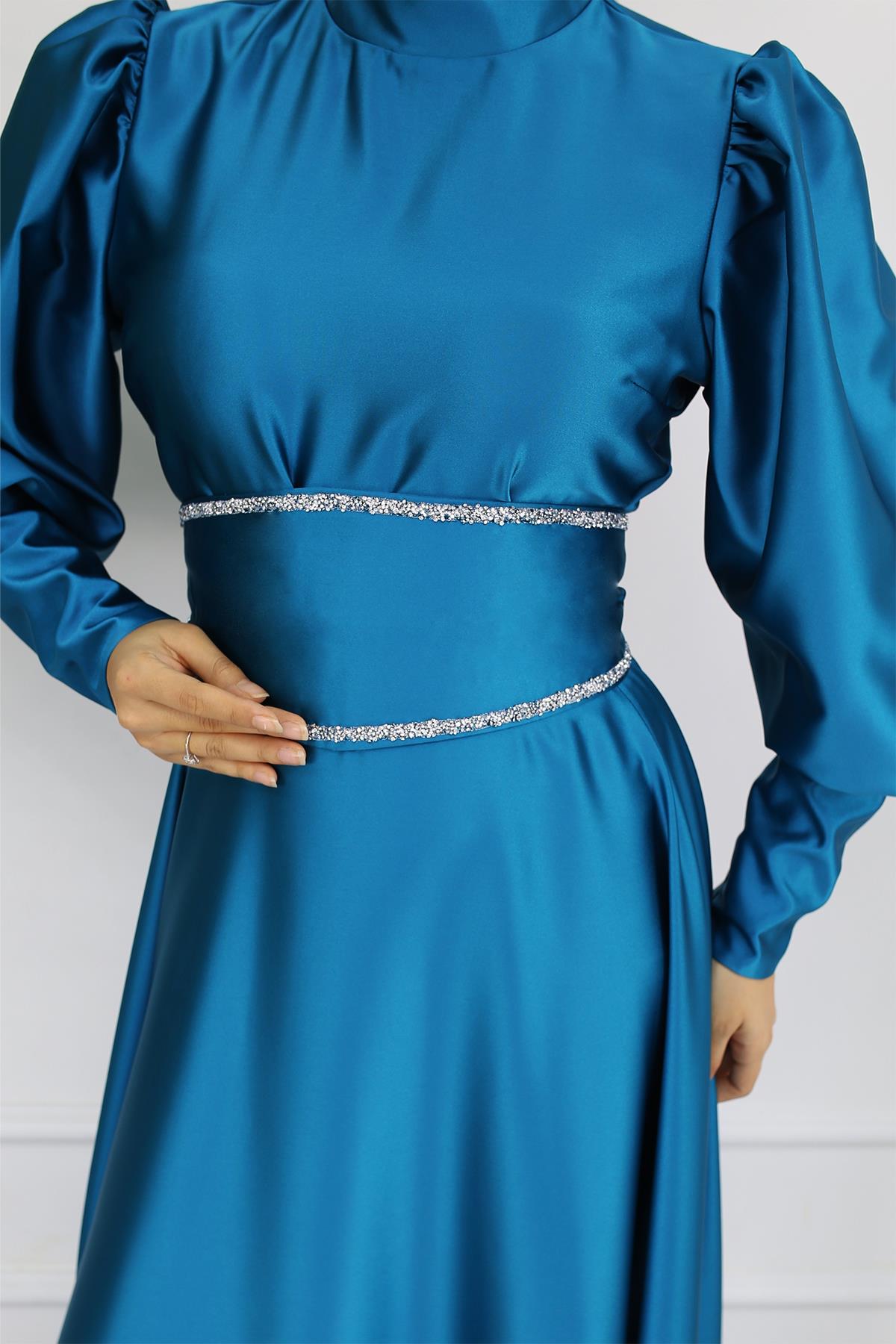 Tesettür Sehran Saten Abiye PetrolLP6151