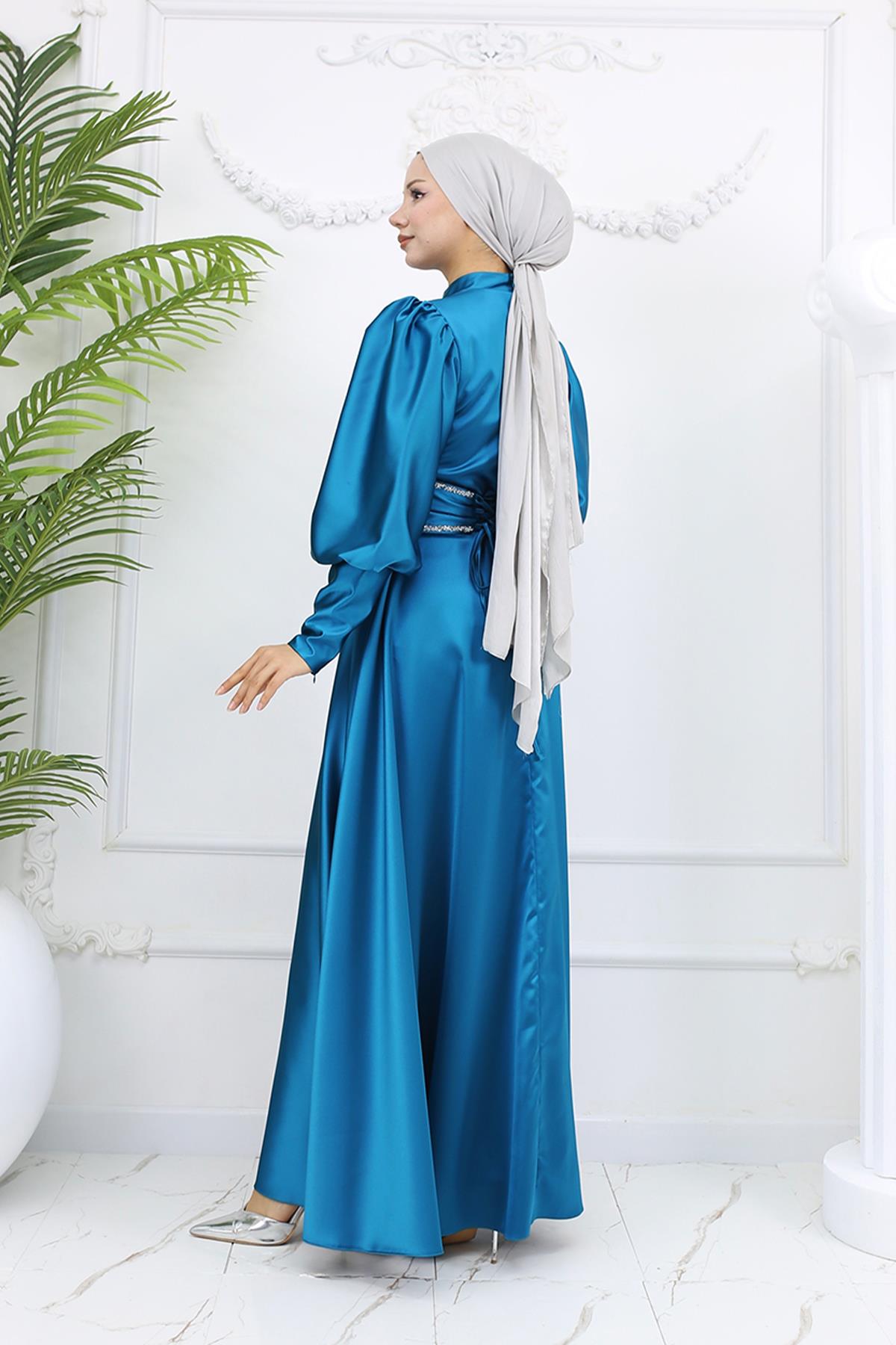 Tesettür Sehran Saten Abiye PetrolLP6151