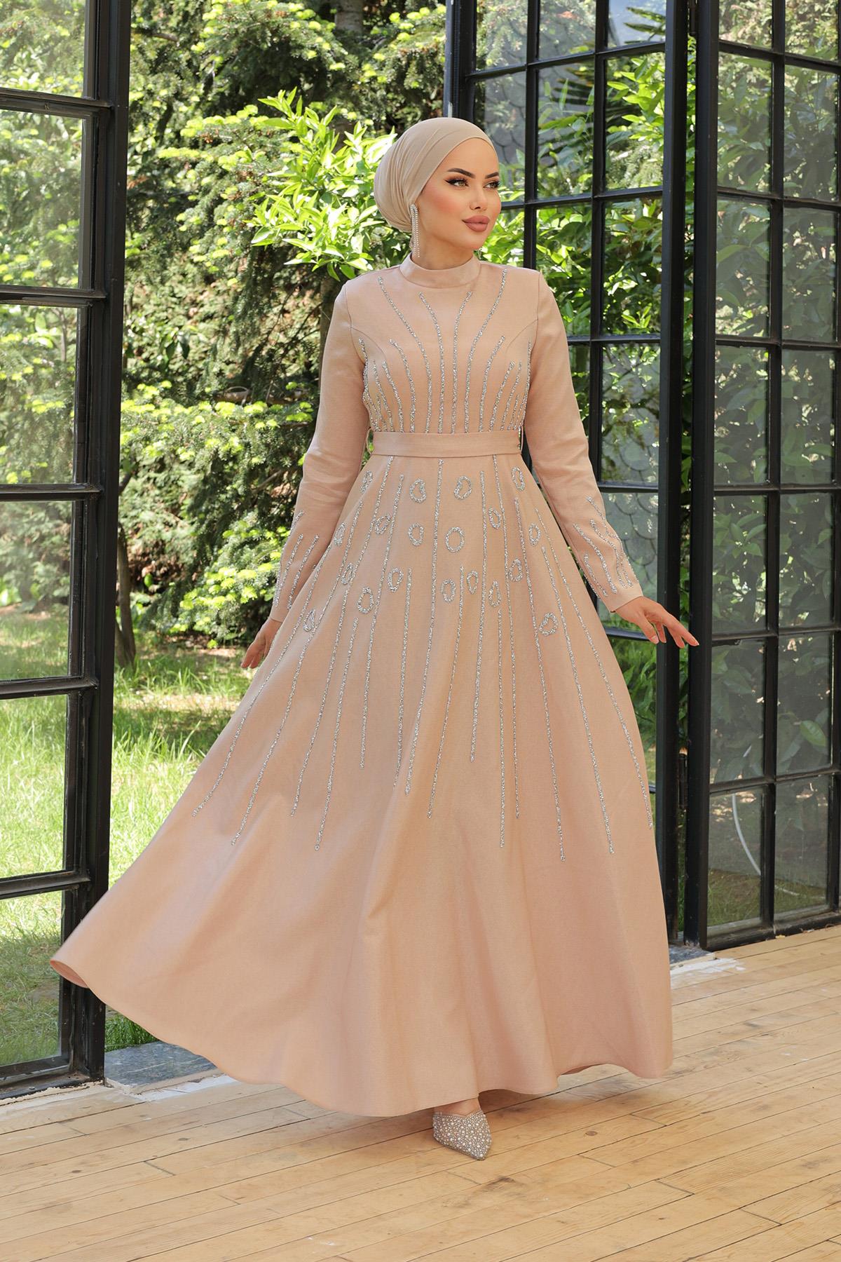 Tesettür Selya Krep Saten Abiye VizonLP6046