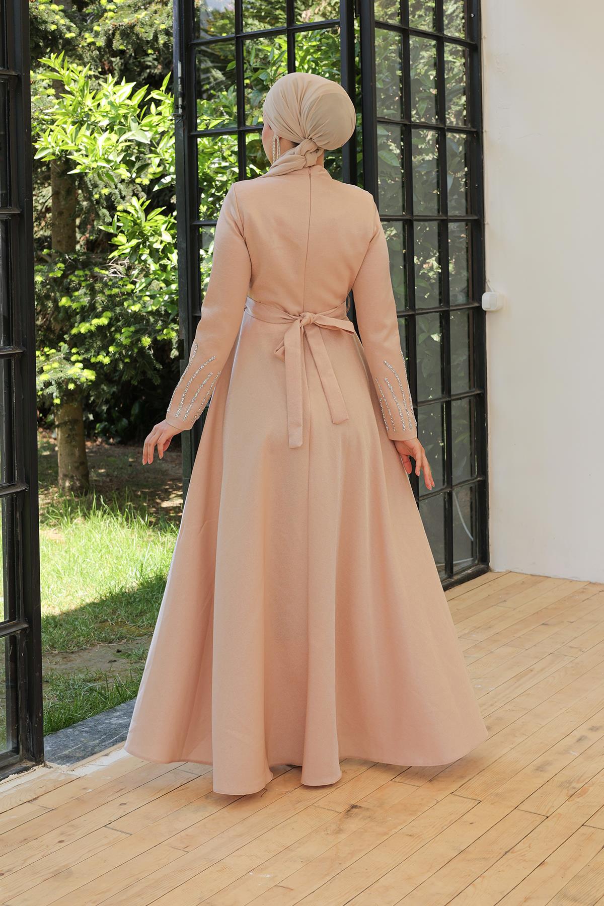 Tesettür Selya Krep Saten Abiye VizonLP6046
