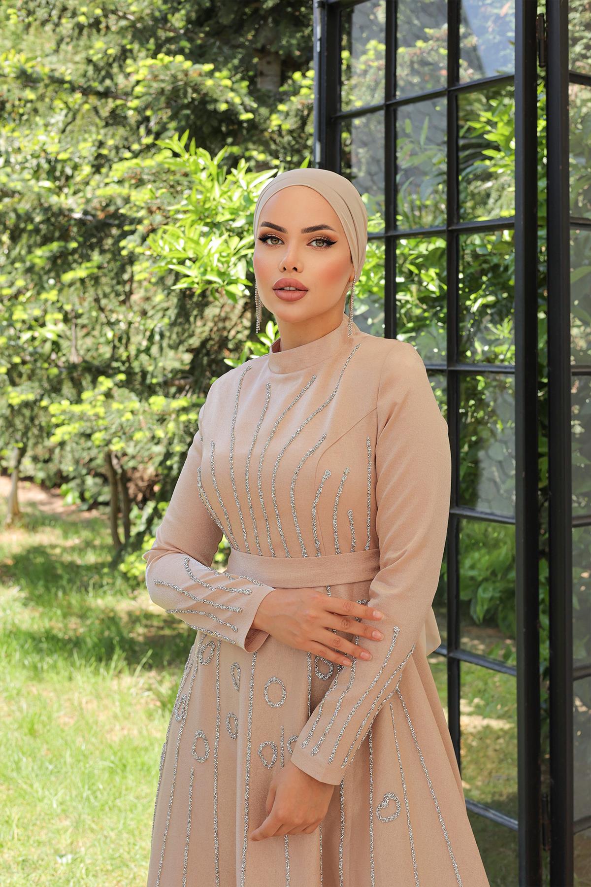 Tesettür Selya Krep Saten Abiye VizonLP6046