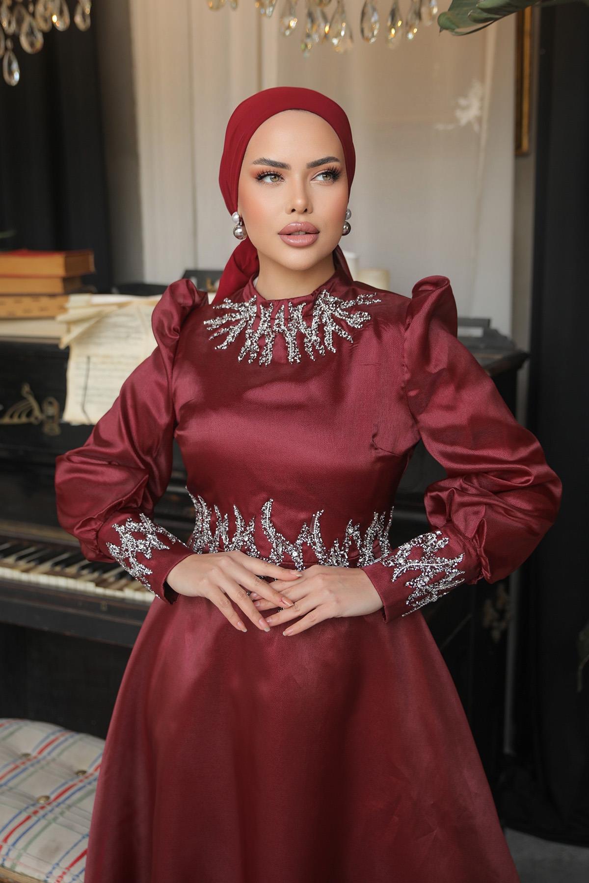 Tesettür Sıla Organze Abiye BordoLP6016