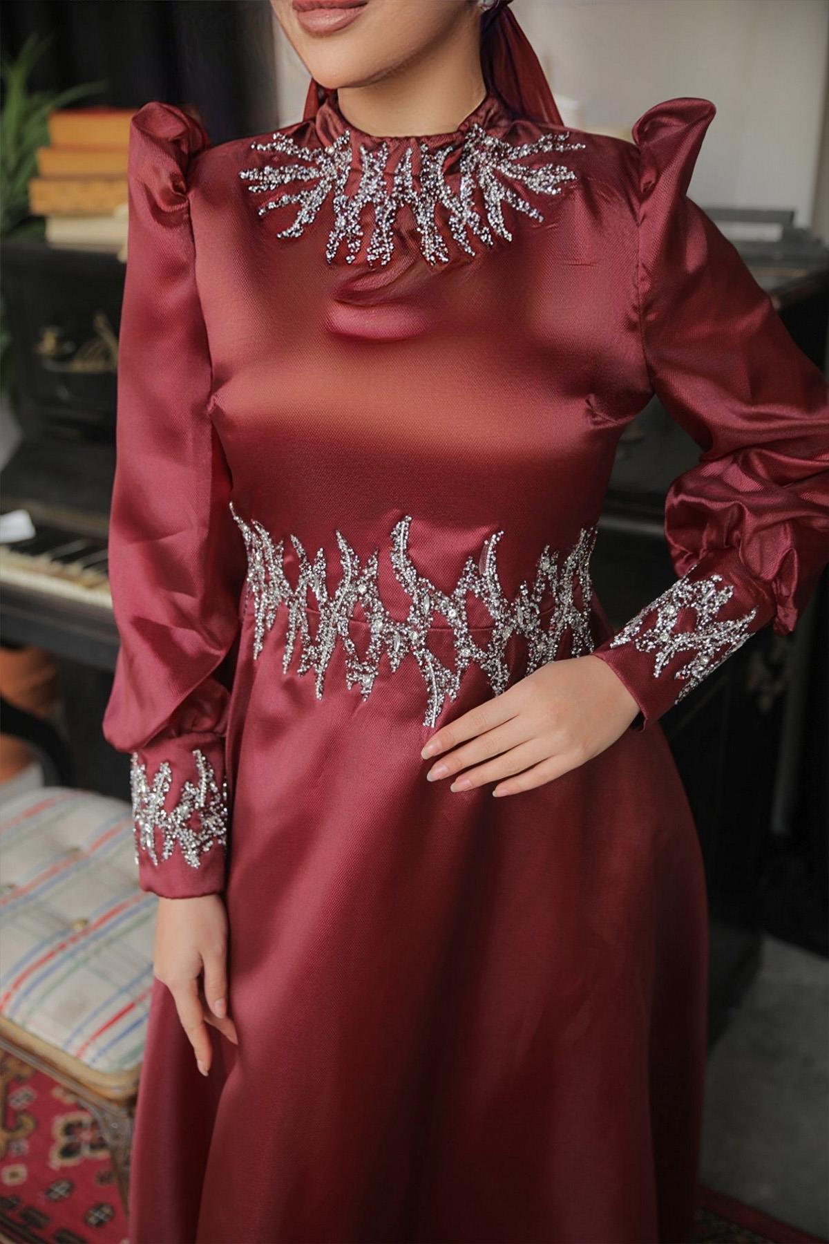 Tesettür Sıla Organze Abiye BordoLP6016