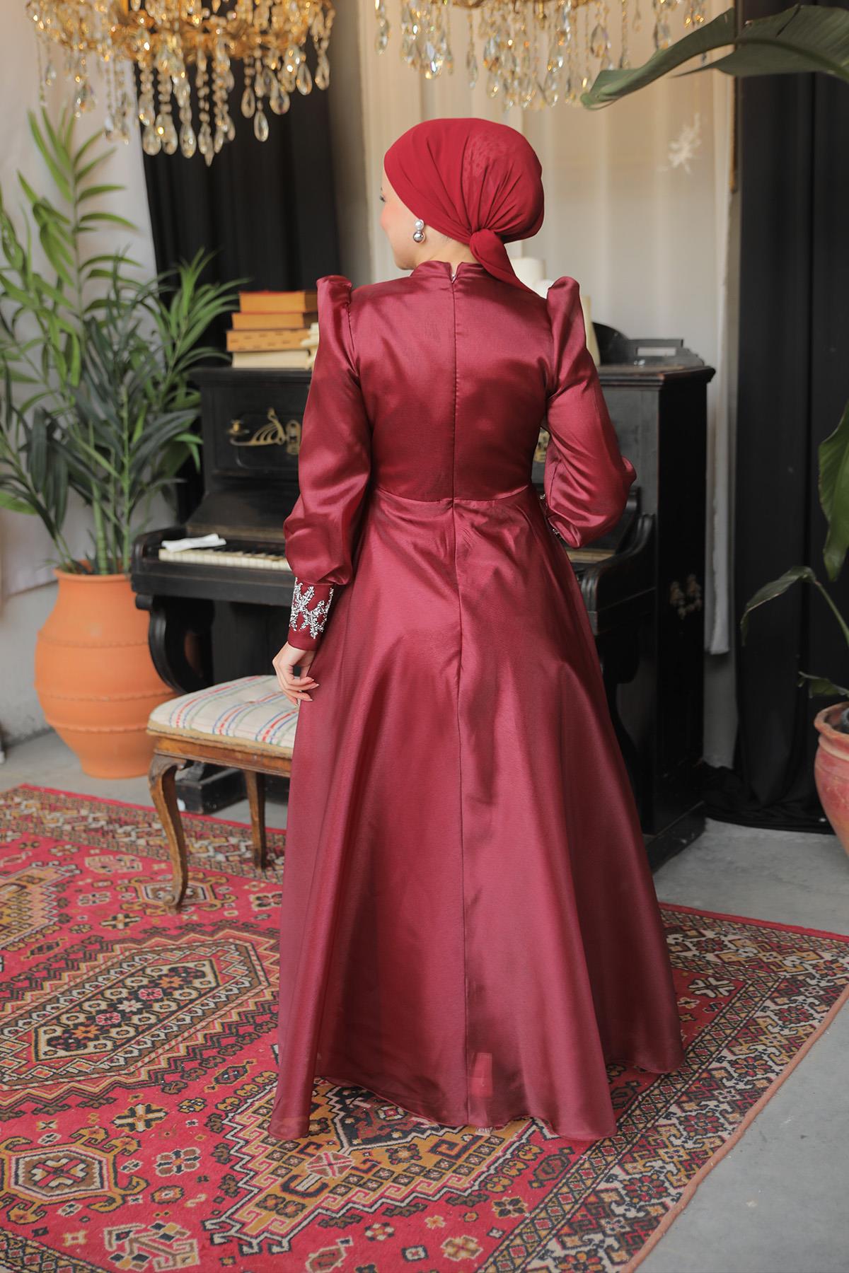 Tesettür Sıla Organze Abiye BordoLP6016