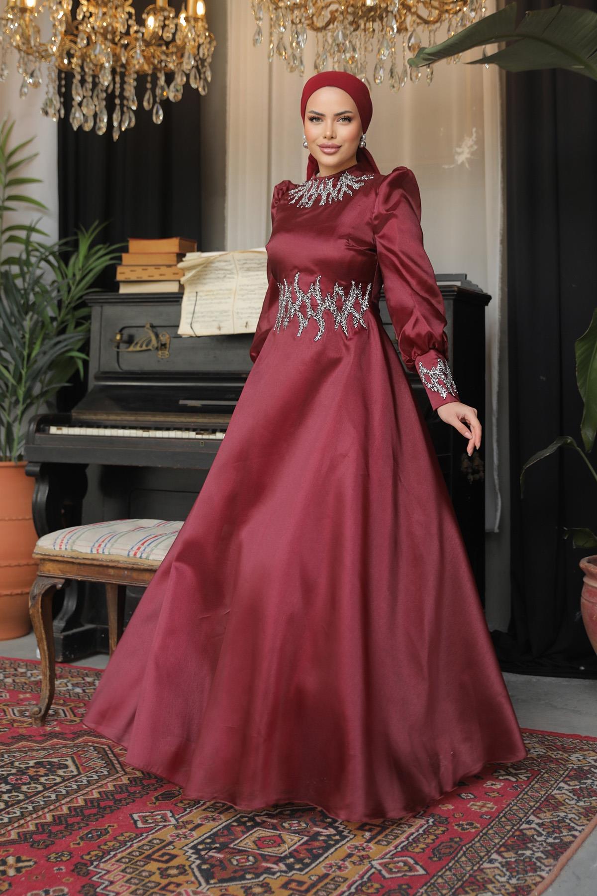 Tesettür Sıla Organze Abiye BordoLP6016
