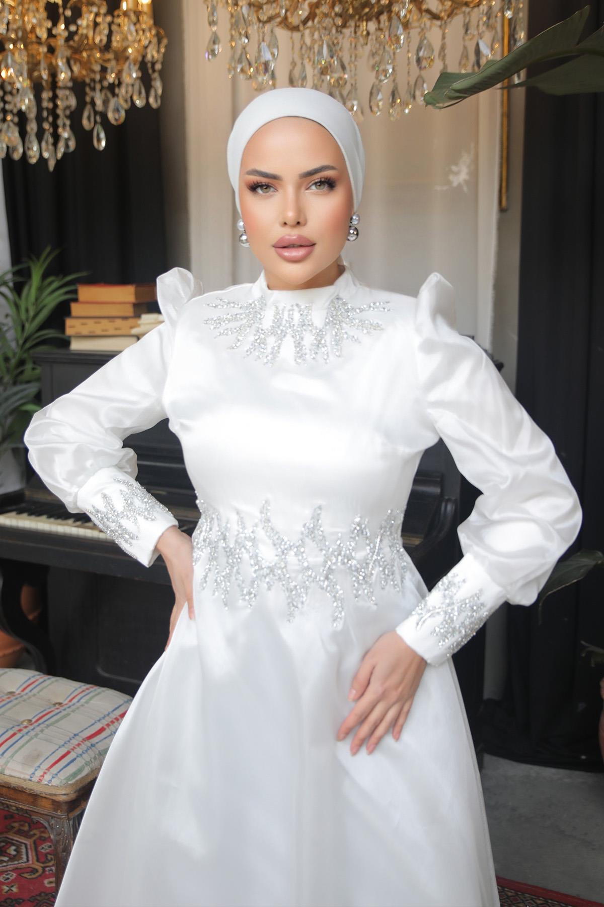 Tesettür Sıla Organze Abiye EkruLP6016