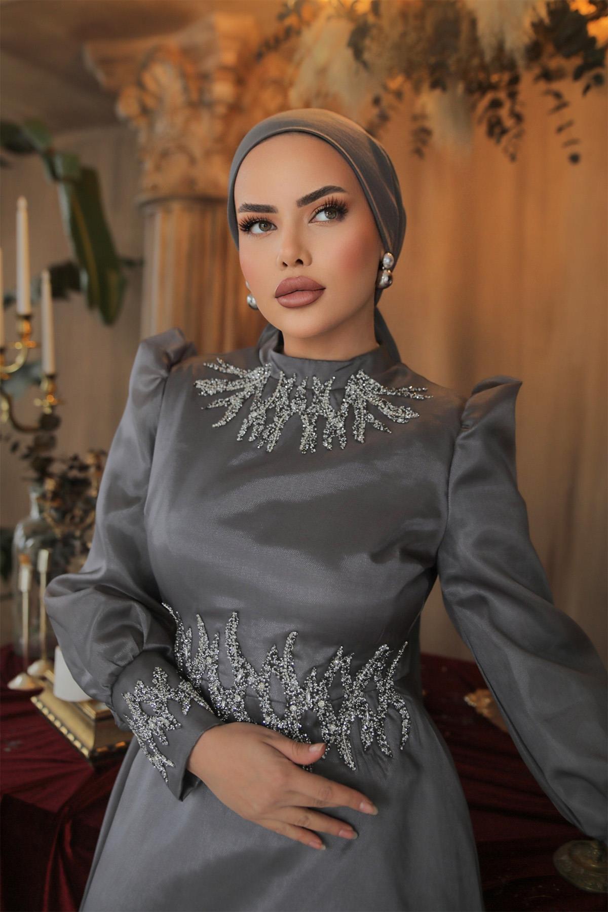 Tesettür Sıla Organze Abiye GriLP6016