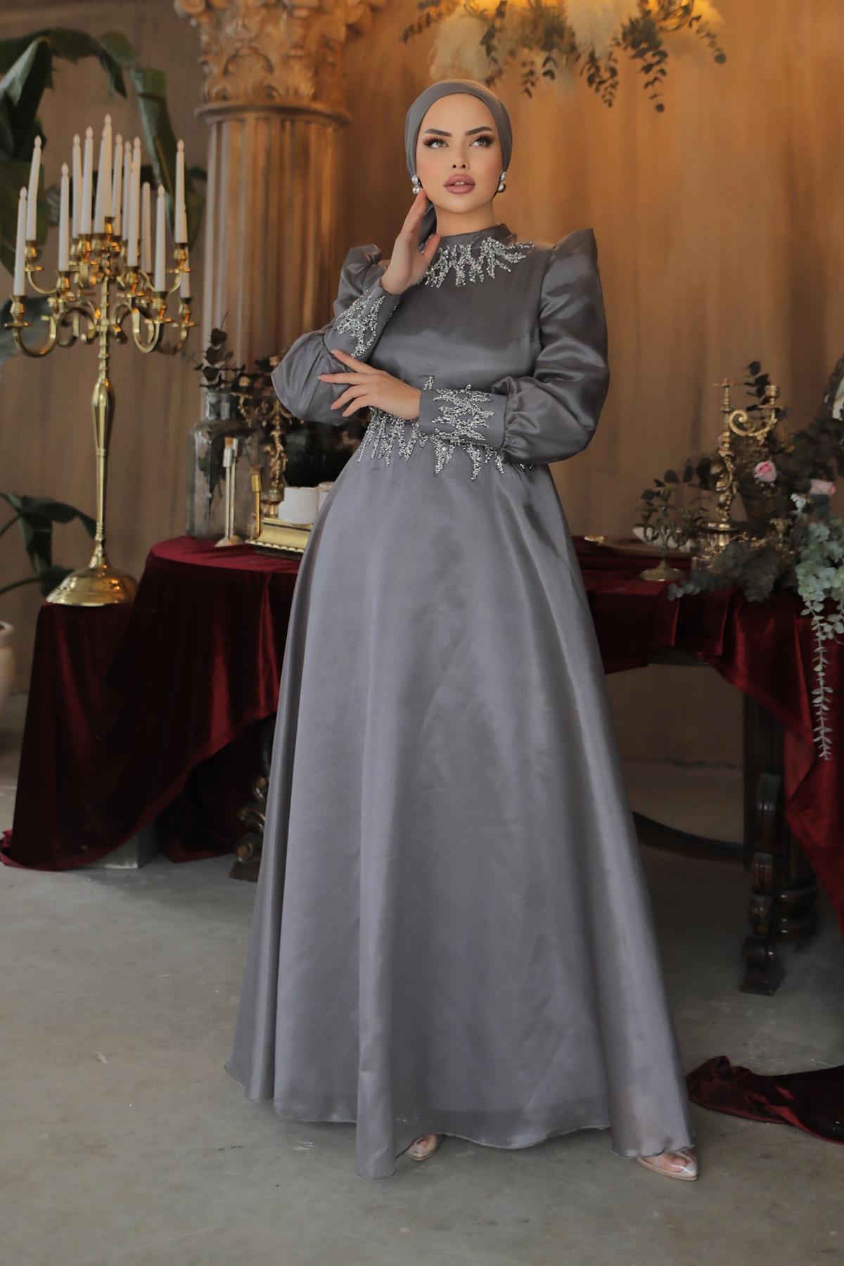 Tesettür Sıla Organze Abiye GriLP6016