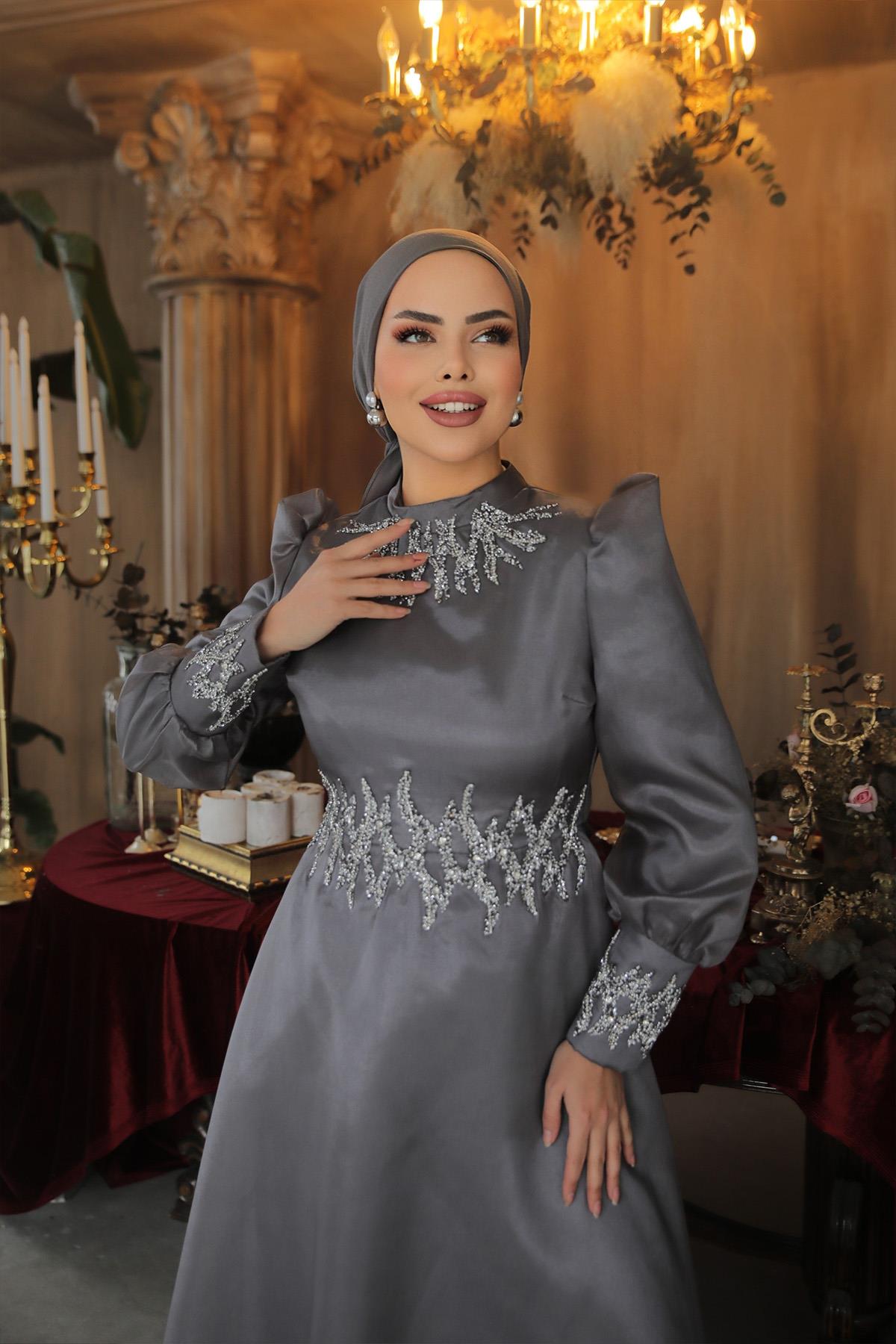 Tesettür Sıla Organze Abiye GriLP6016