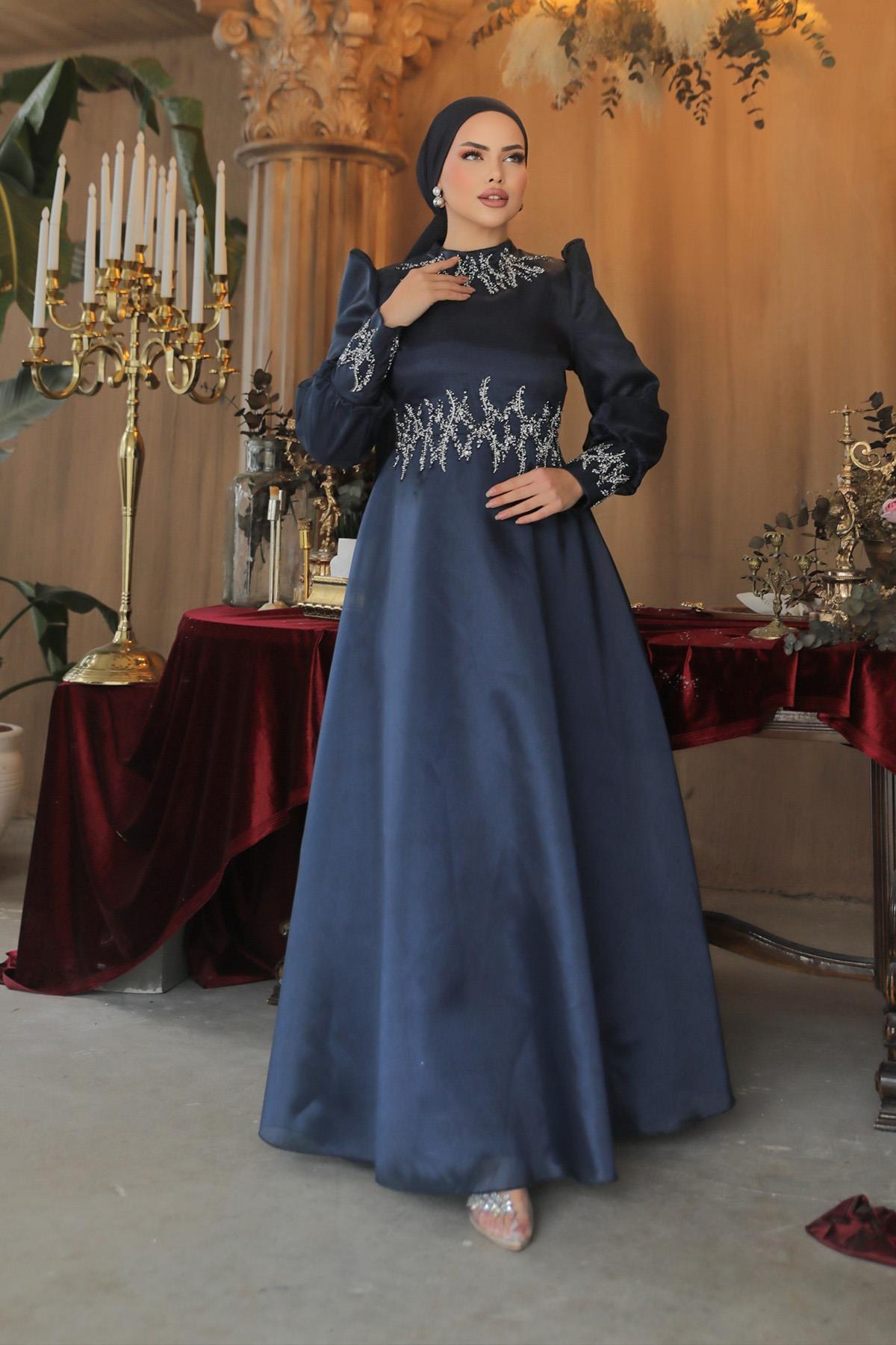 Tesettür Sıla Organze Abiye LacivertLP6016