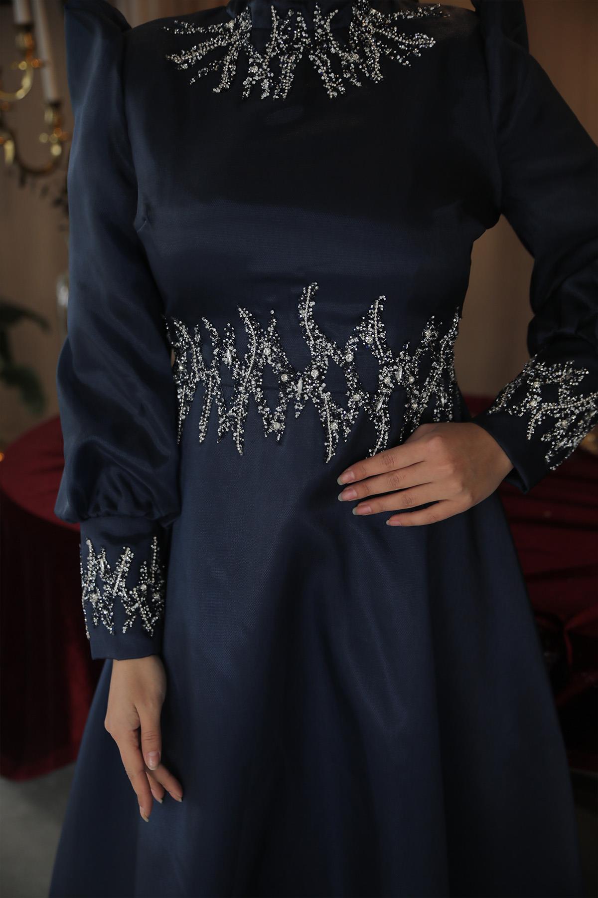 Tesettür Sıla Organze Abiye LacivertLP6016