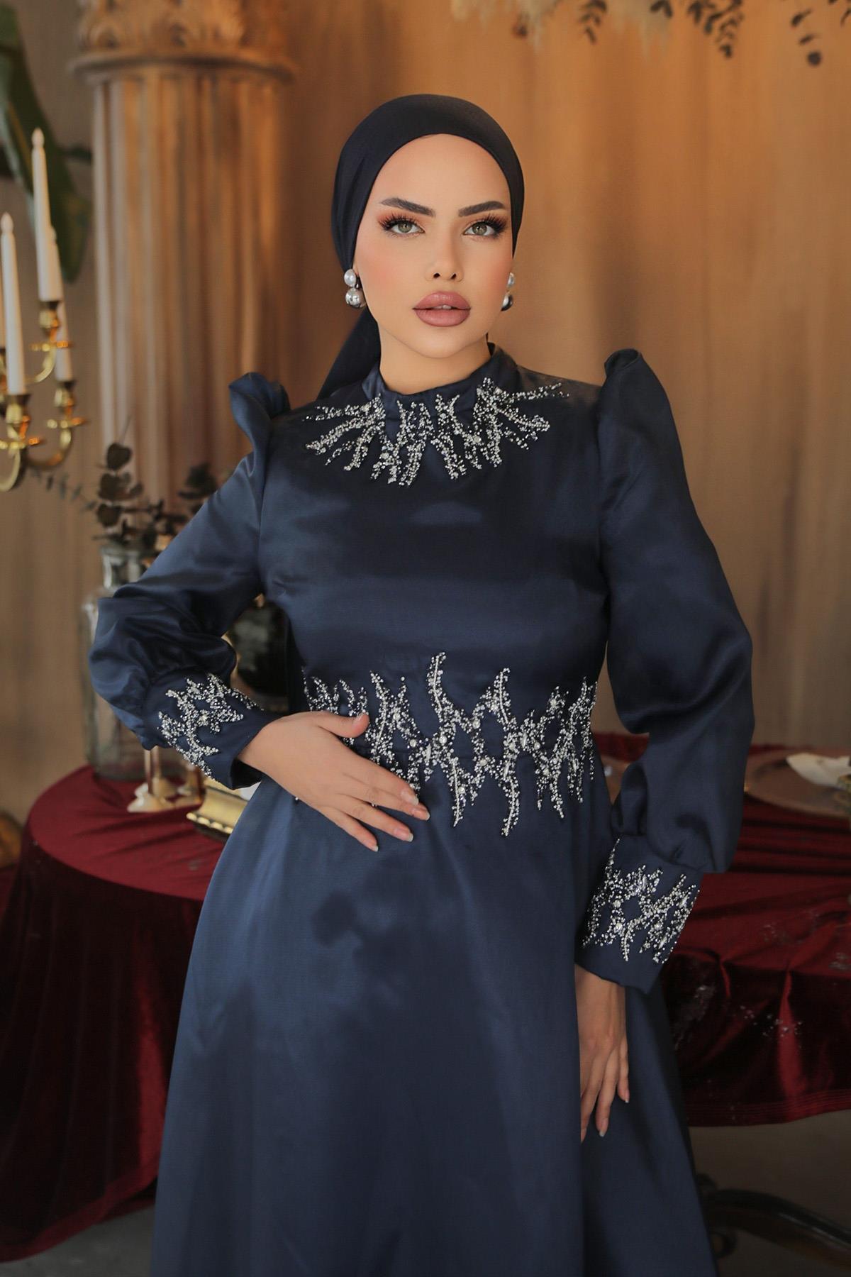 Tesettür Sıla Organze Abiye LacivertLP6016