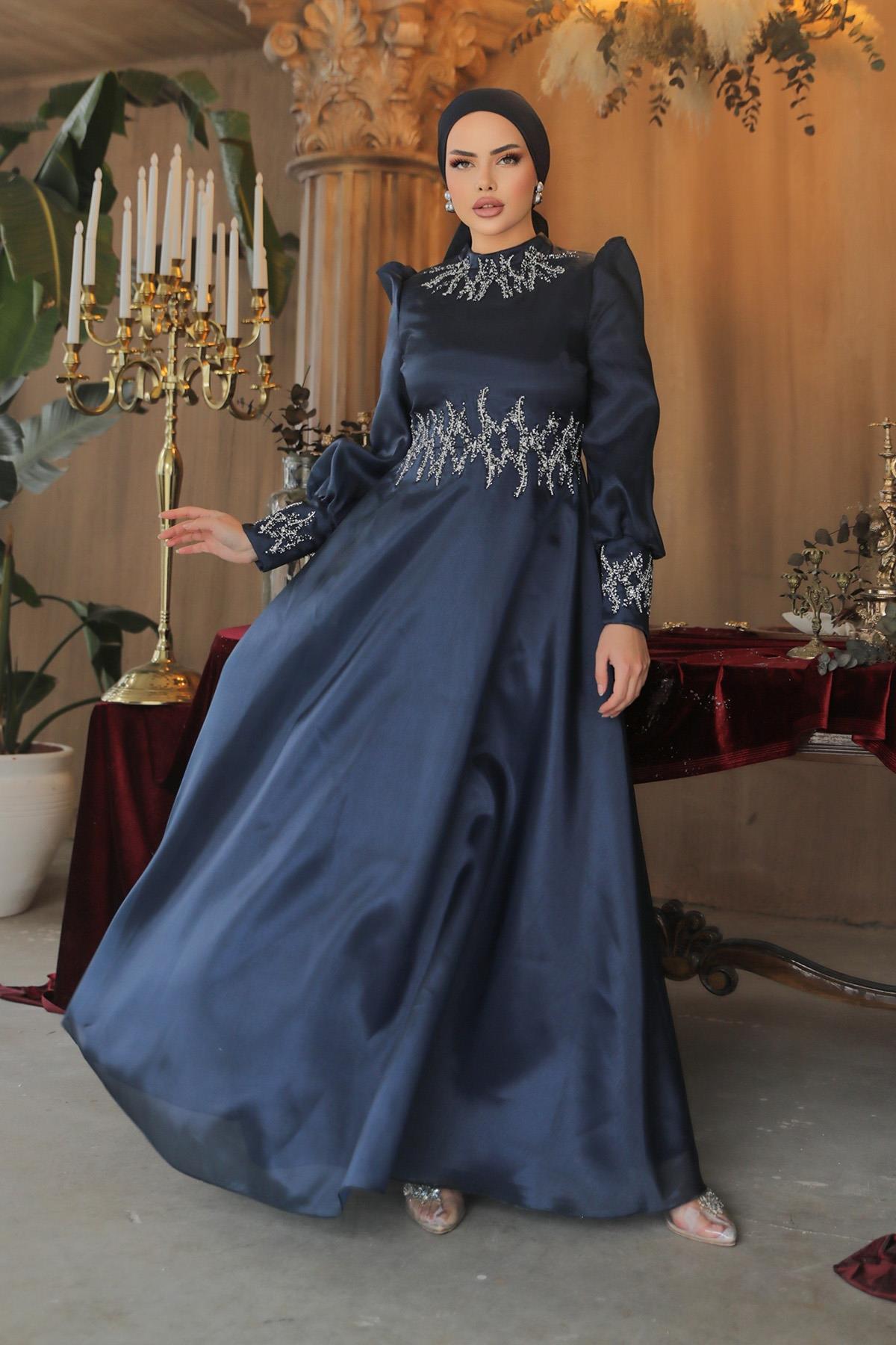 Tesettür Sıla Organze Abiye LacivertLP6016