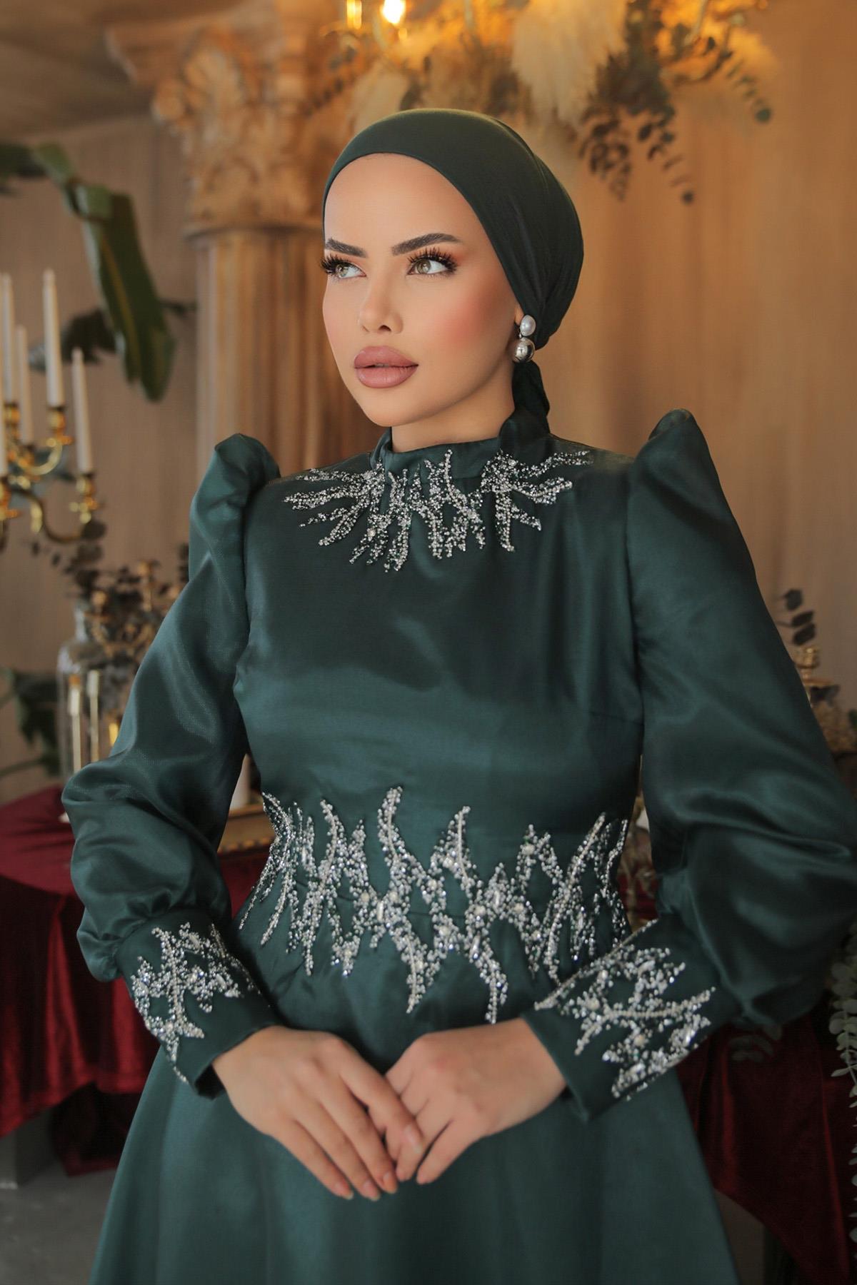 Tesettür Sıla Organze Abiye Zümrüt YeşiliLP6016