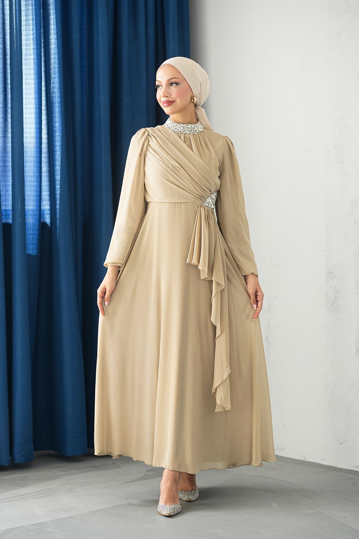 Tesettür Silver Şifon Abiye BejLP6260