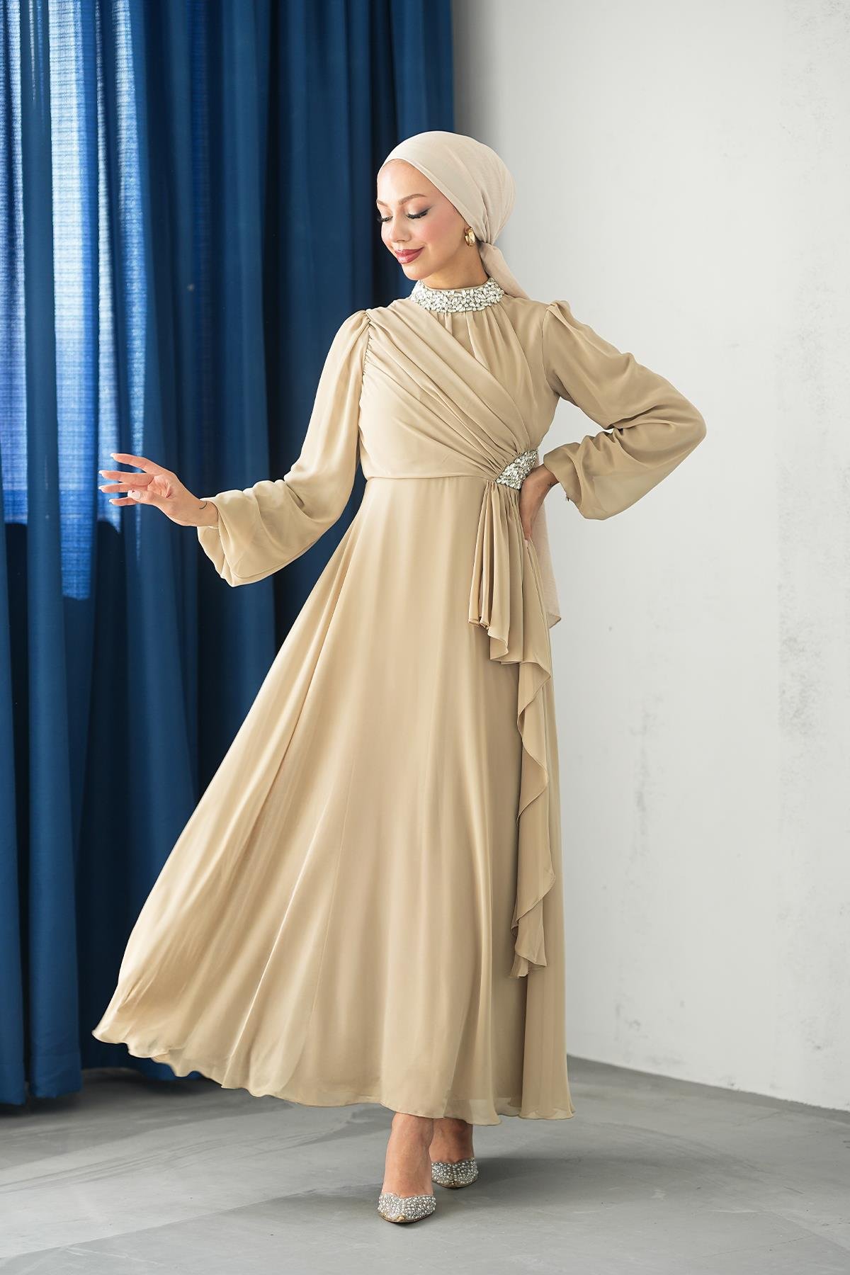 Tesettür Silver Şifon Abiye BejLP6260