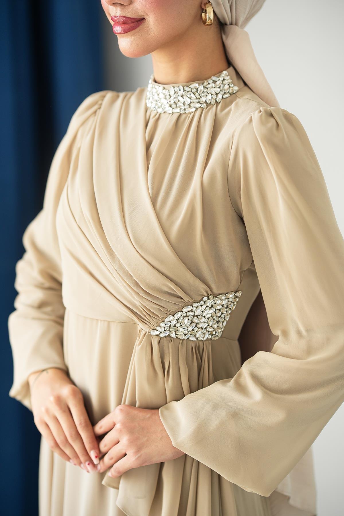 Tesettür Silver Şifon Abiye BejLP6260