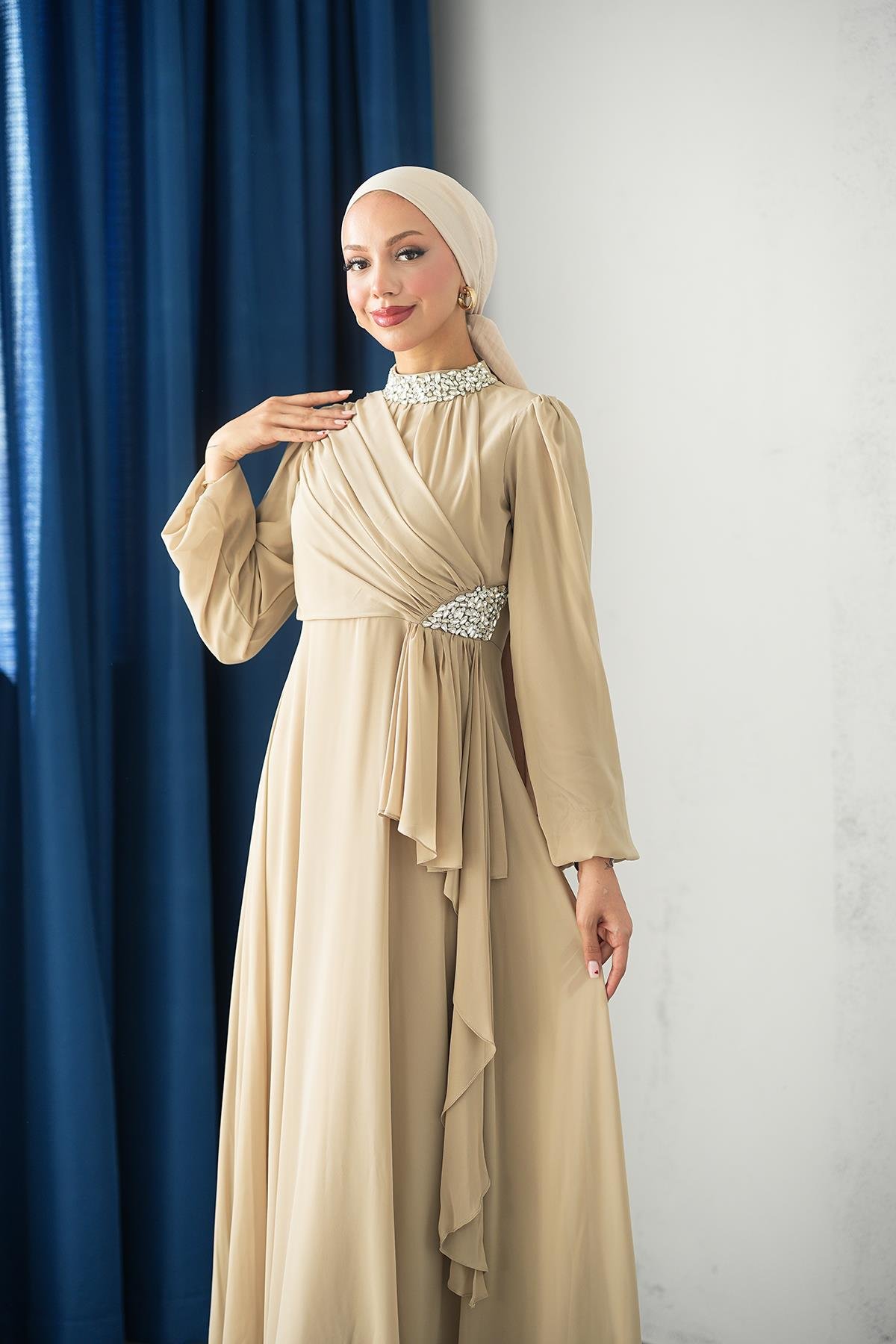 Tesettür Silver Şifon Abiye BejLP6260