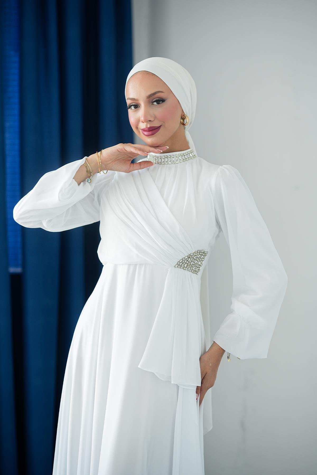 Tesettür Silver Şifon Abiye BeyazLP6260