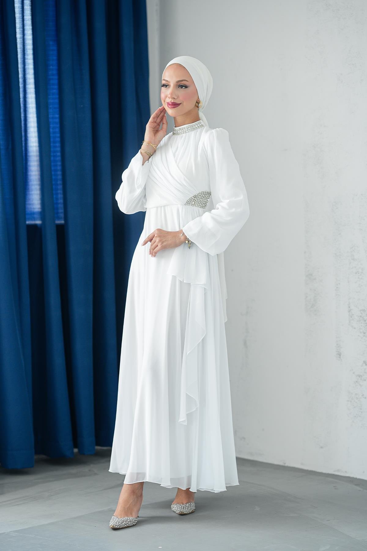 Tesettür Silver Şifon Abiye BeyazLP6260