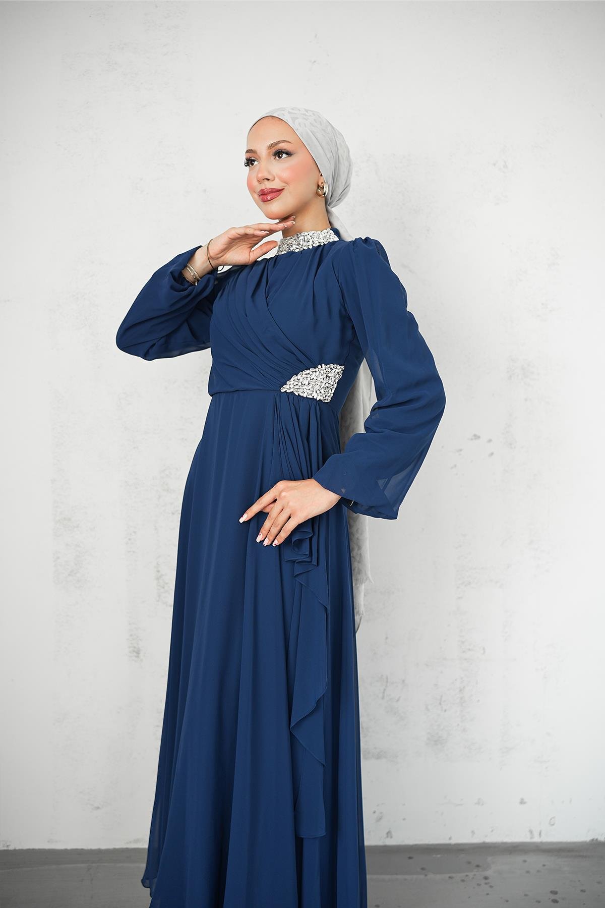 Tesettür Silver Şifon Abiye LacivertLP6260