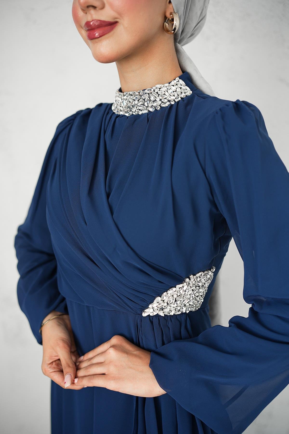 Tesettür Silver Şifon Abiye LacivertLP6260