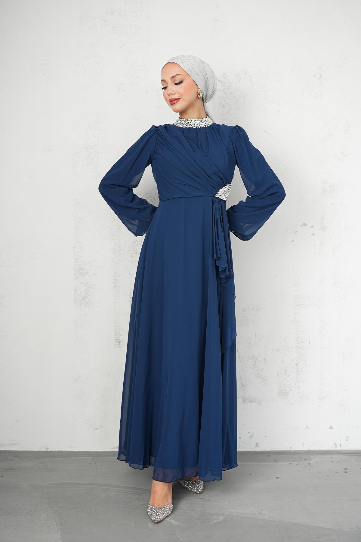 Tesettür Silver Şifon Abiye LacivertLP6260