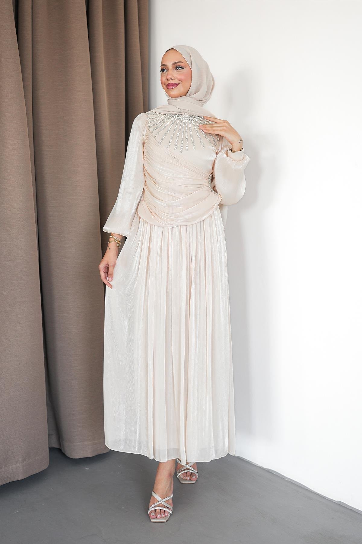 Tesettür Şimal Işıltı Abiye BejLP6238