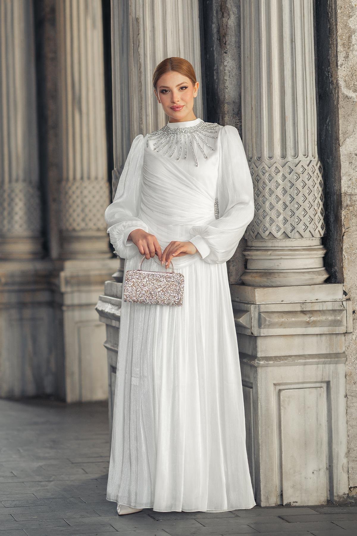 Tesettür Şimal Işıltı Abiye BeyazLP6238