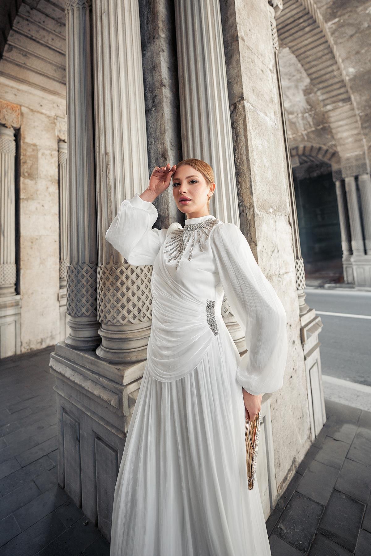 Tesettür Şimal Işıltı Abiye BeyazLP6238