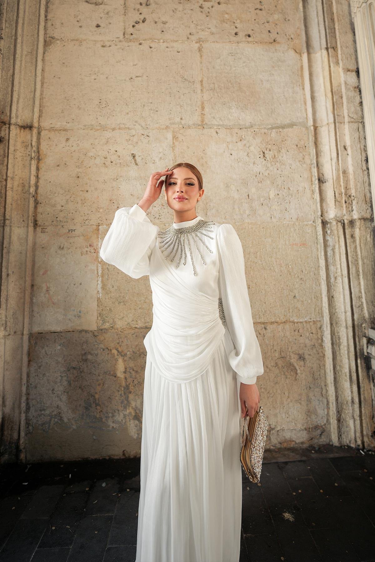 Tesettür Şimal Işıltı Abiye BeyazLP6238